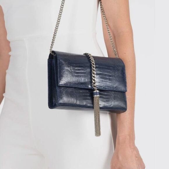 Rare Santesteban Italy Navy Croc Lizard Sterling Silver Convertible Crossbody - Picture 1 of 8